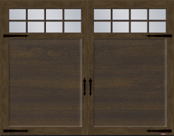 Traditional style house with garage door, Eastman E-11 model, 9' x 7', Chocolate Walnut Faux Wood door and overlays with 8 lite Panoramic windows